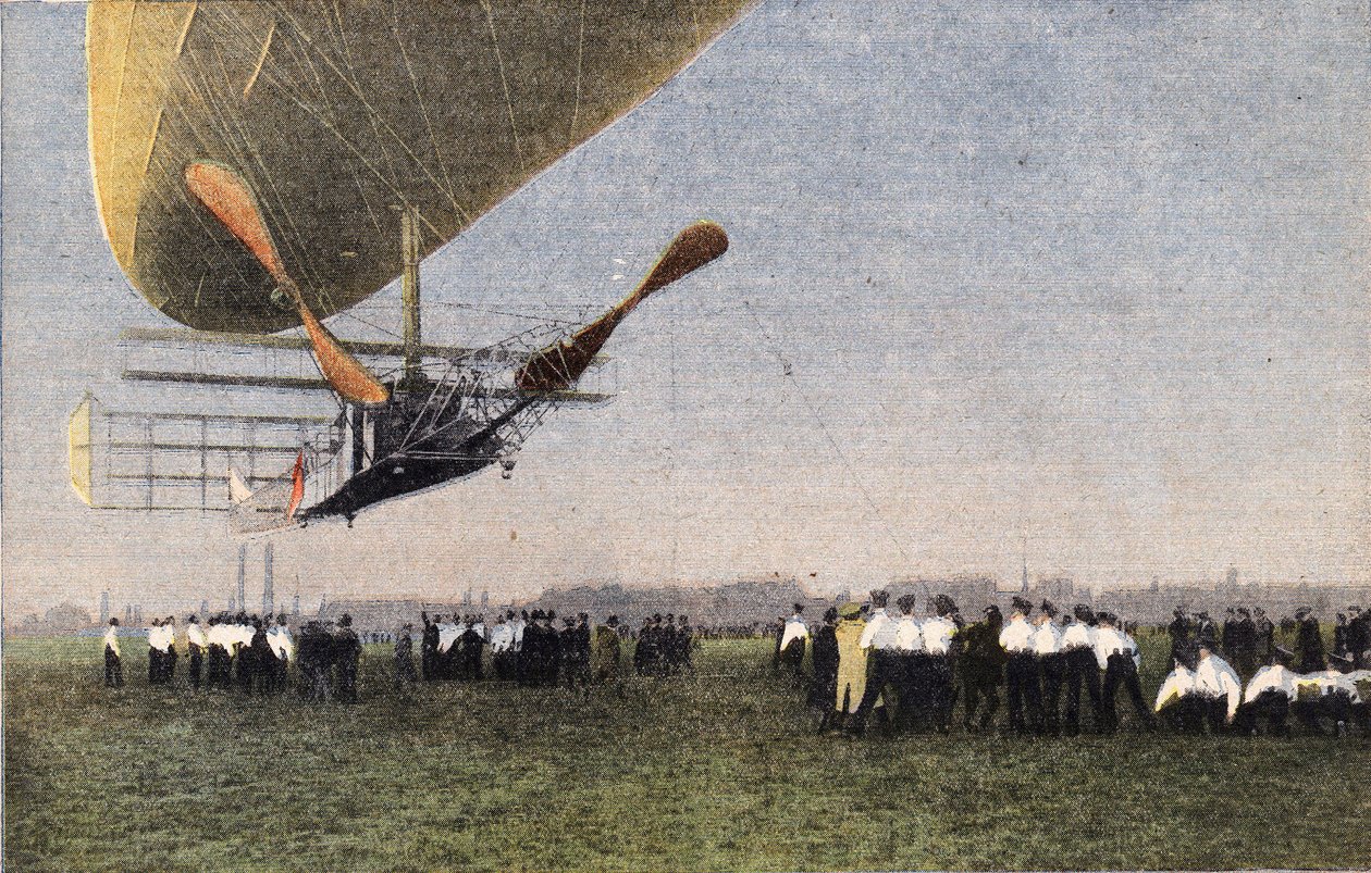 From Compiegne to London by airship: the landing of Bayard-Clement to Wormwood Scrubbs. Engraving. One of the newspaper 