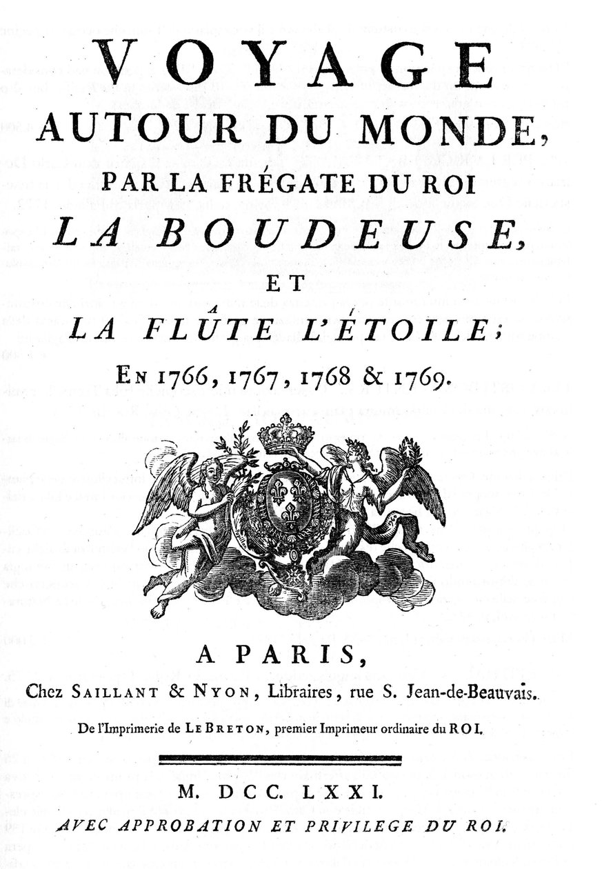 Frontispiece of 1771 of the book Voyage Around the World by the frigate of the king La Boudeuse and the flute L