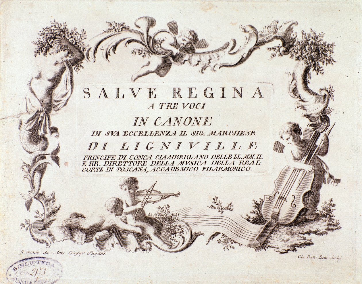 Frontispiece of a musical score of Salve regina hymn for three voices by marquis of Ligneville (1768) by Anonymous Anonymous