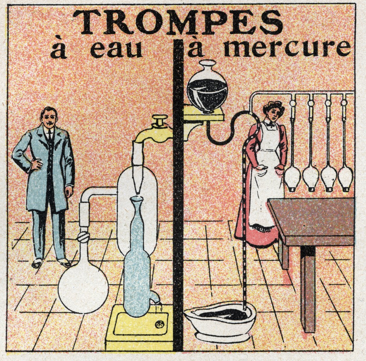 Gas pressure: water tubes and mercury tubes. Anonymous illustration from 1925. Private collection. by Anonymous Anonymous