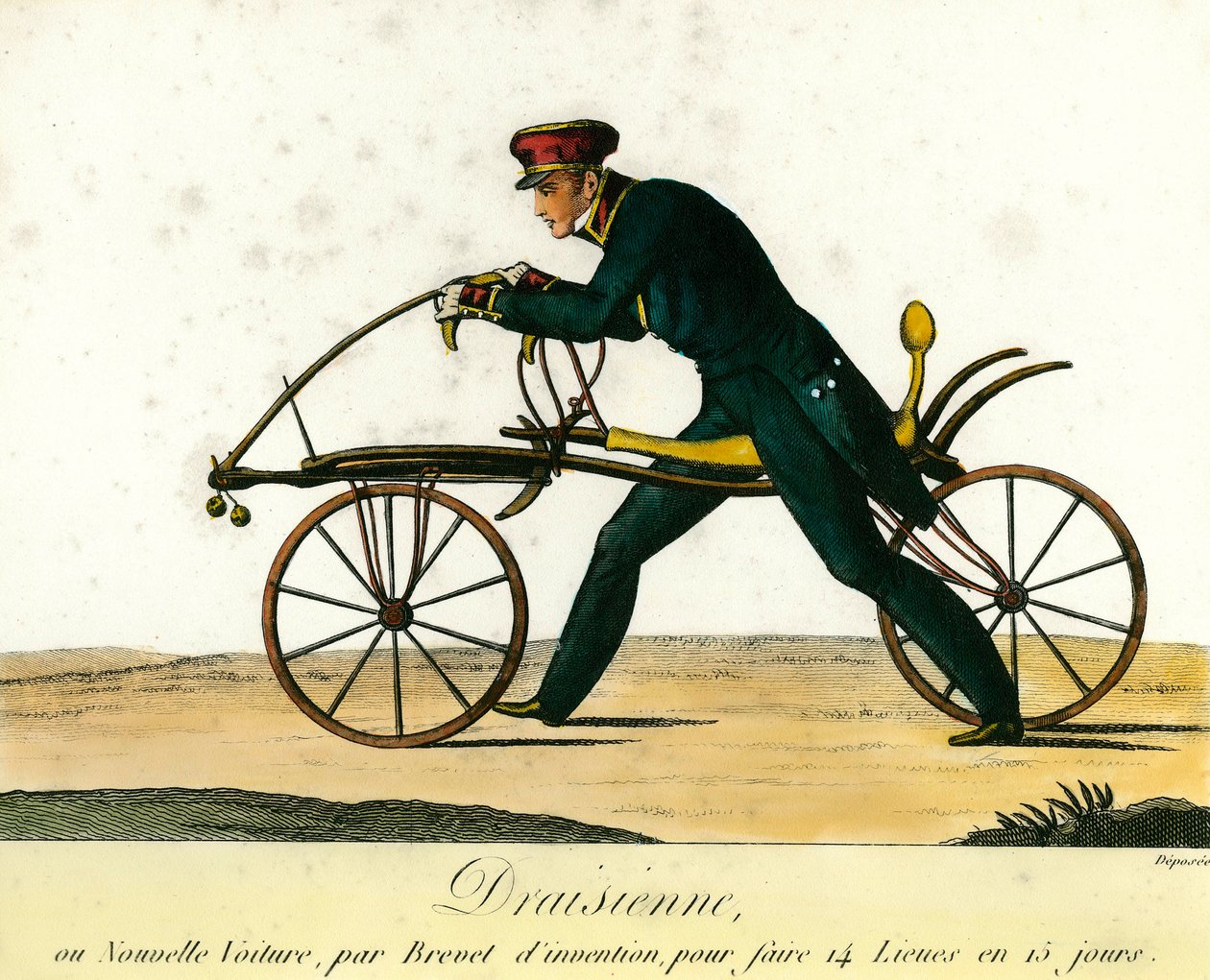 History of the Bicycle: The Draisienne, a very popular new car around 1818. Engraving from 1818. Private collection by Anonymous Anonymous