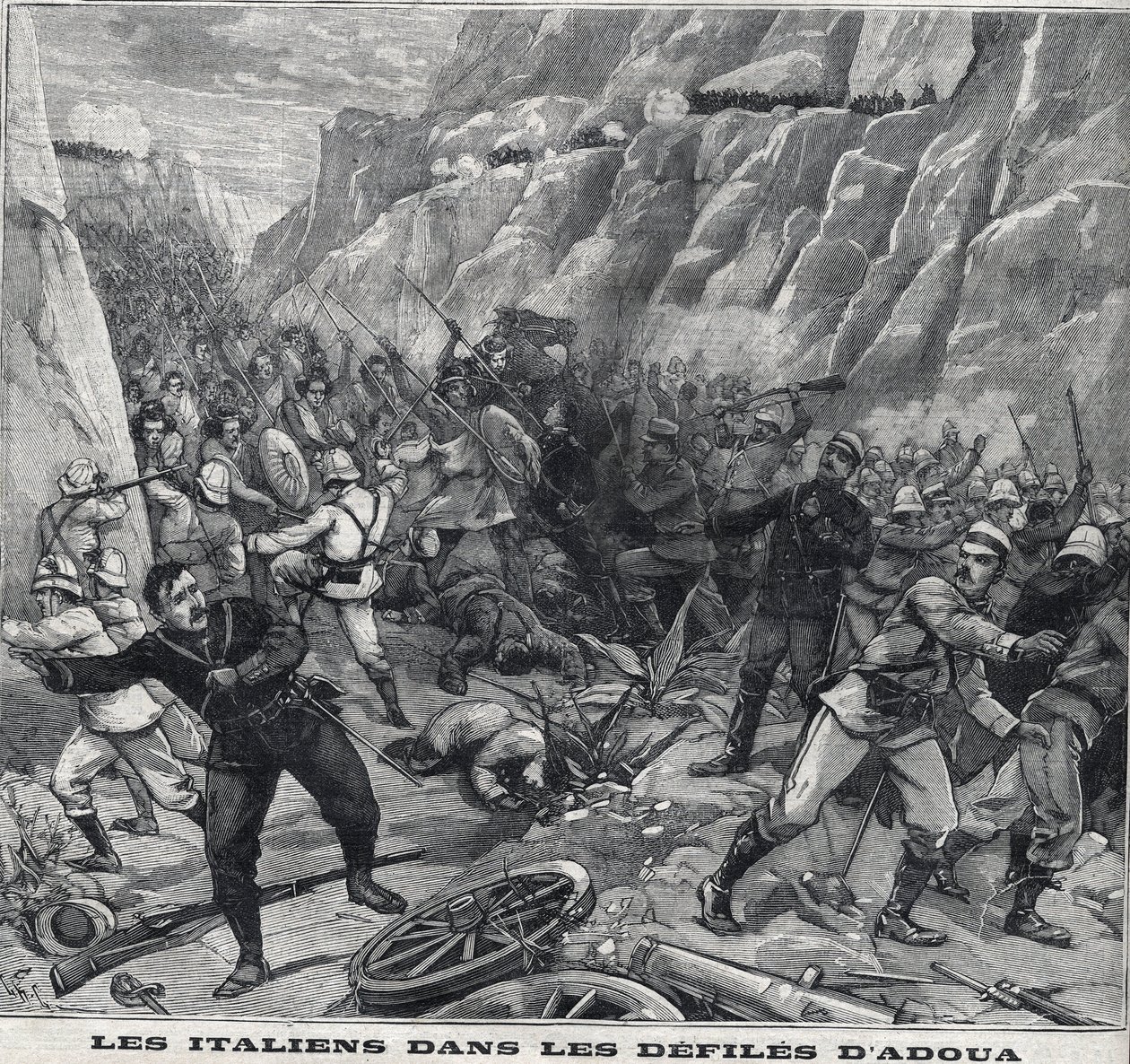 Italians fighting the Adoua in Ethiopia. Engraving in 