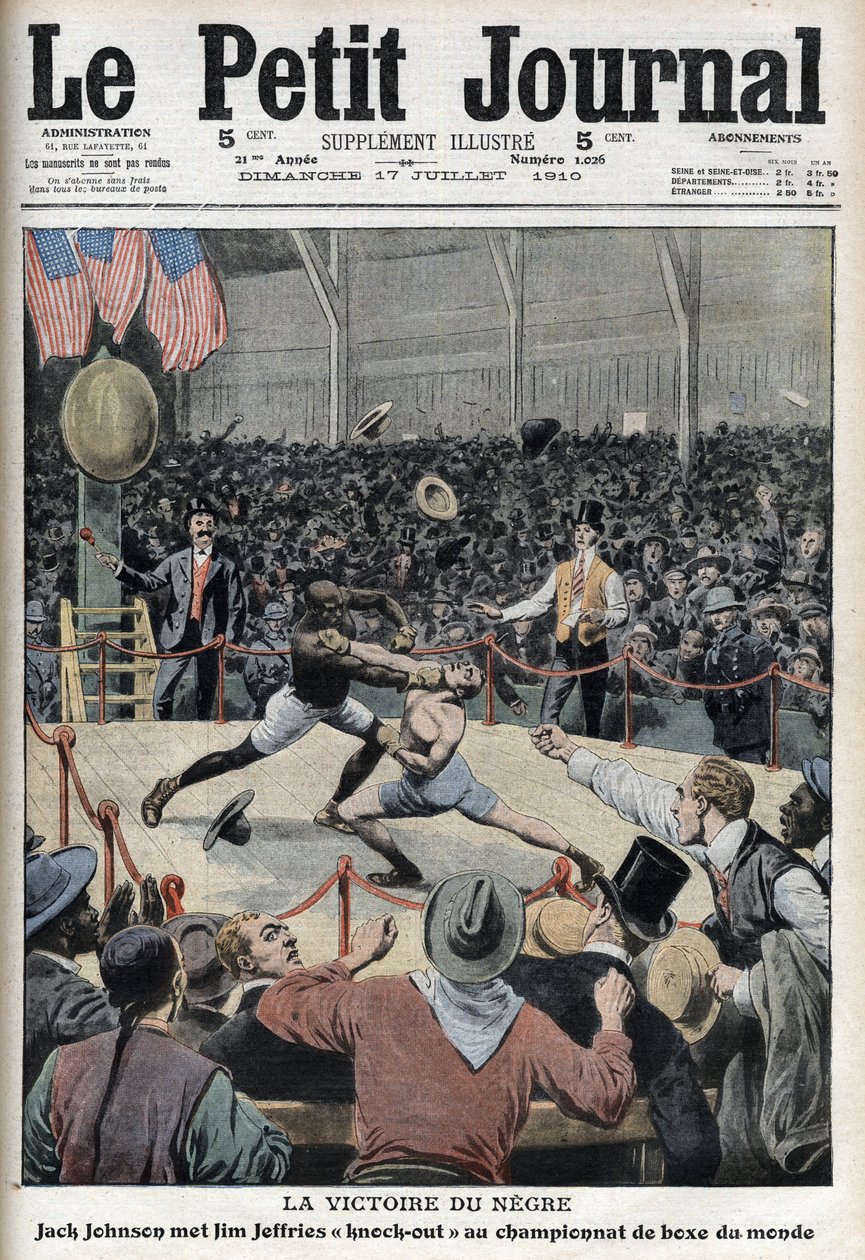 Jack Johnson winning world boxing championship against Jim Jeffries in Reno, Nevada, July 4 by Anonymous Anonymous