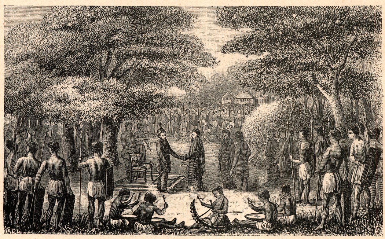 King Lebuschi welcomes Henri Depelchin, Jesuit missionary and first superior of the Upper Zambeze mission in Africa. Engraving in 