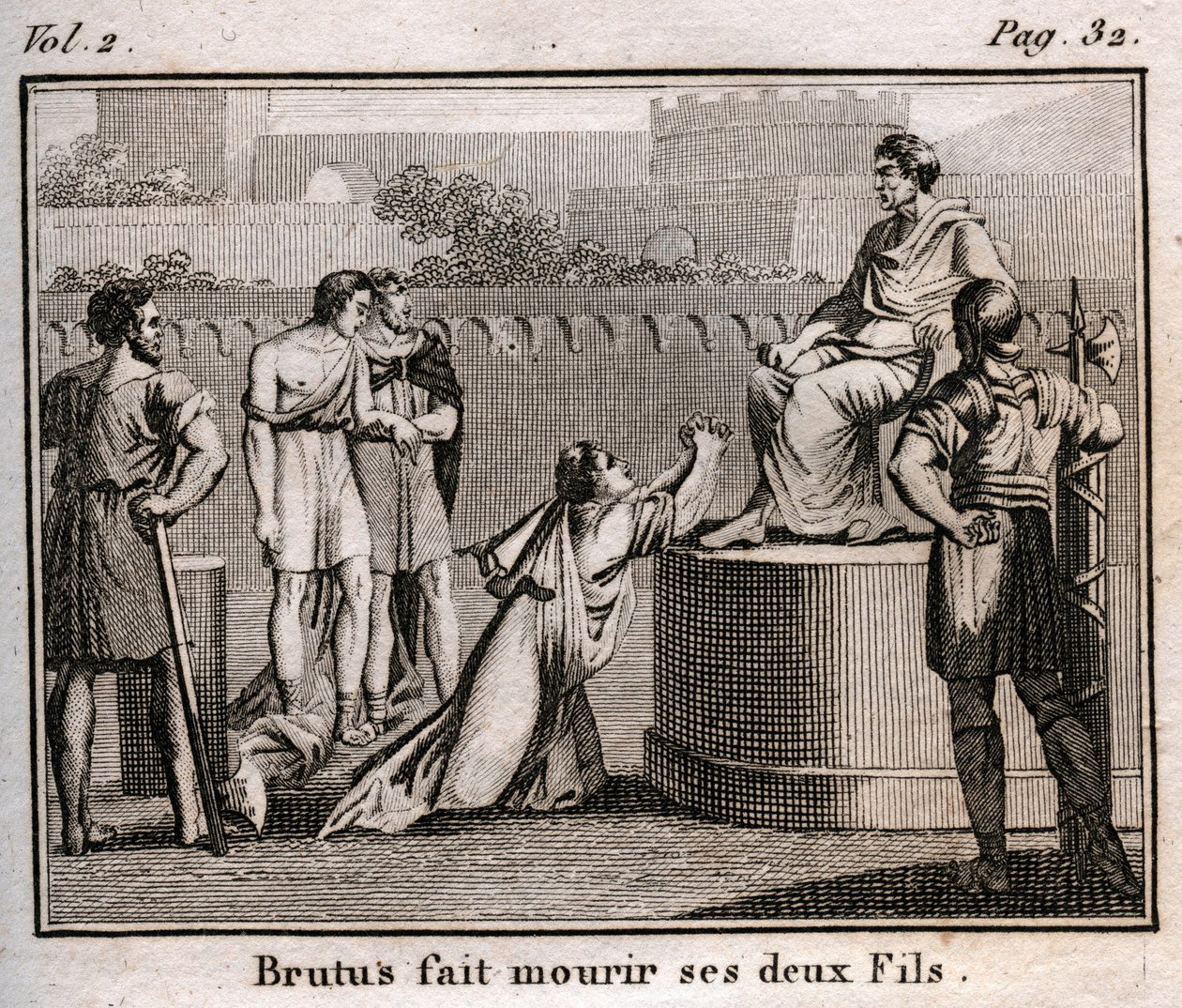 Lucius Junius Brutus condemns his own sons to death for plotting to restore the Tarquins, the expelled kings of Rome, 509 BC - Engraving from The Rollin of Youth or Chosen Pieces of Ancient and Roman Stories 1816 - Private collection by Anonymous Anonymous