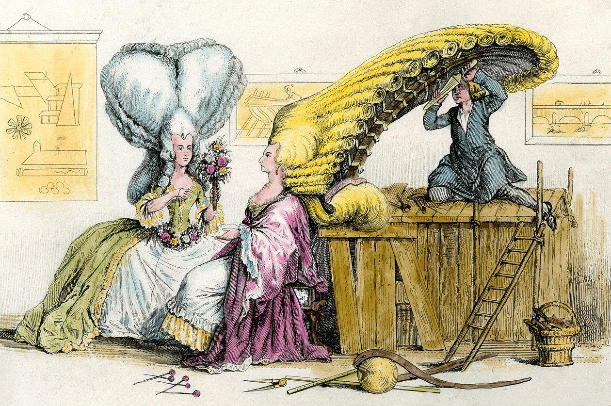 Large eccentric hairstyles: young women of the nobility styled by a wig. Engraving from 1788 by Anonymous Anonymous