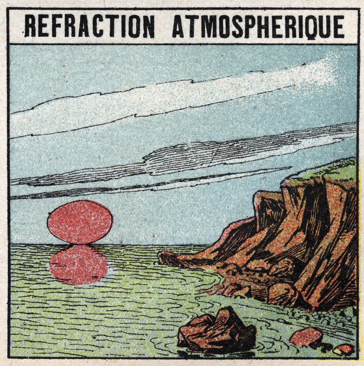 Light refraction: Atmospheric refraction gives the illusion that the sun is bigger at the rise or sunset than at the zenith. Anonymous illustration from 1925. Private collection. by Anonymous Anonymous