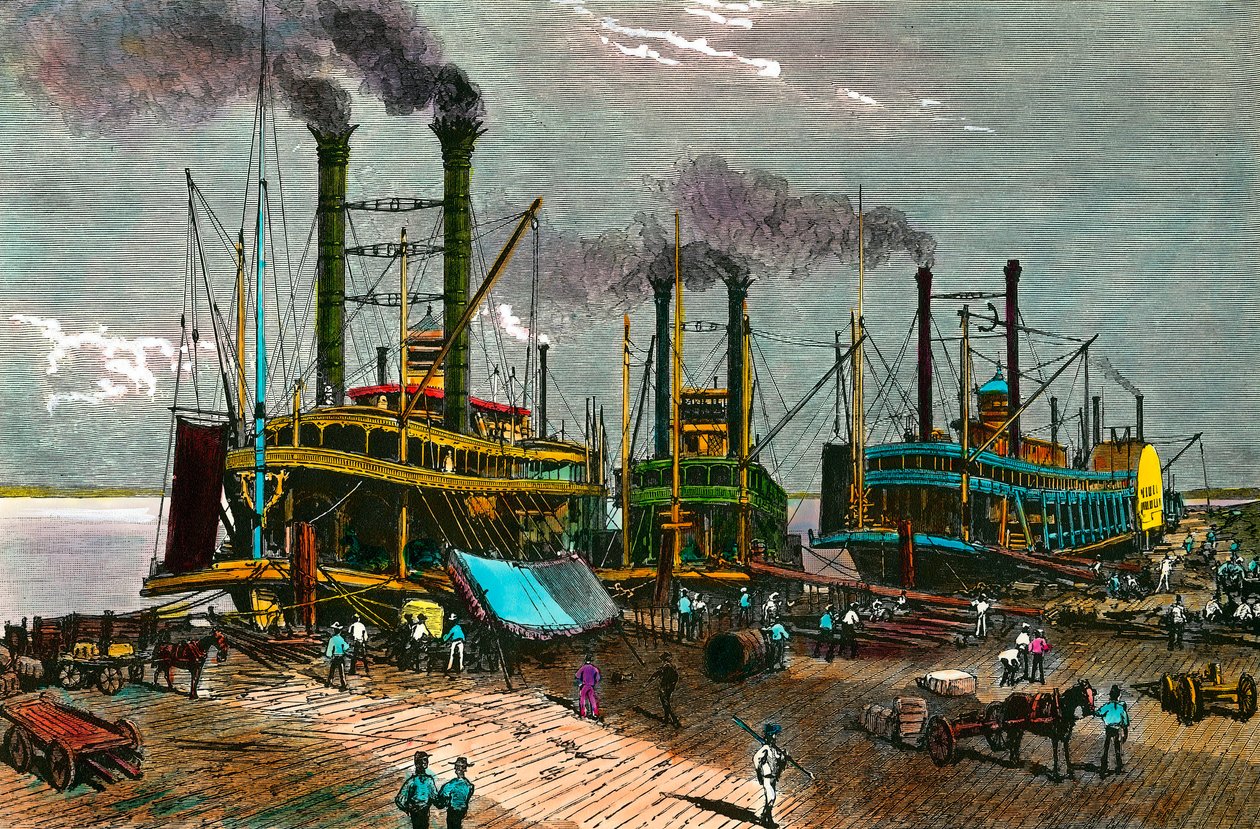 Loading cotton on steam boats on Mississippi for New Orleans. Engraving of the 19th century. Private collection by Anonymous Anonymous