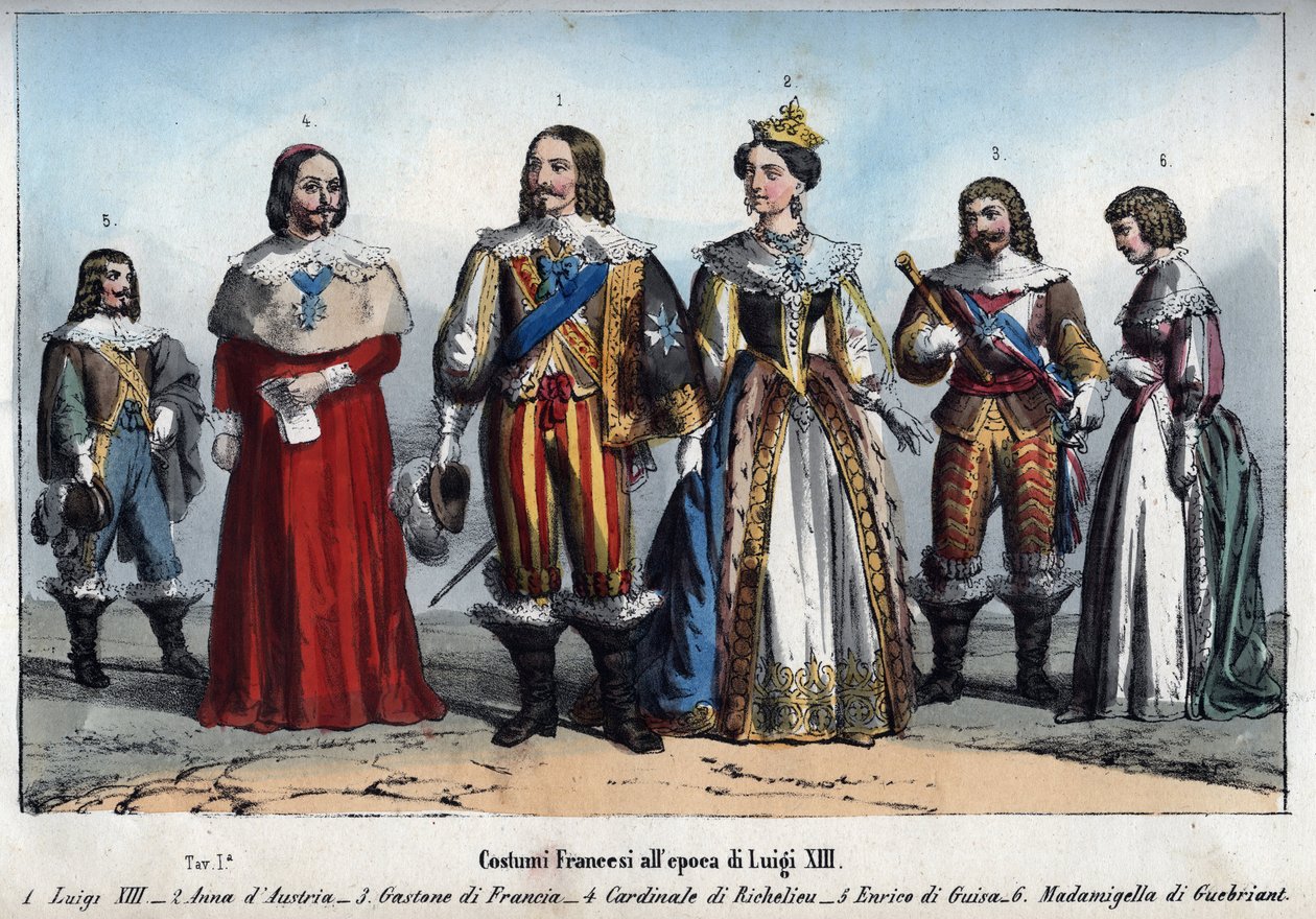 Louis XIII - Anne of Austria (1601-1666) - Gaston of France (Gaston, Duke of Orleans) - Armand Jean du Plessis, Cardinal de Richelieu - Henri II de Guise (Henry II, Duke of Guise) - Anne-Marie Budes de Guebriant - engraving from 