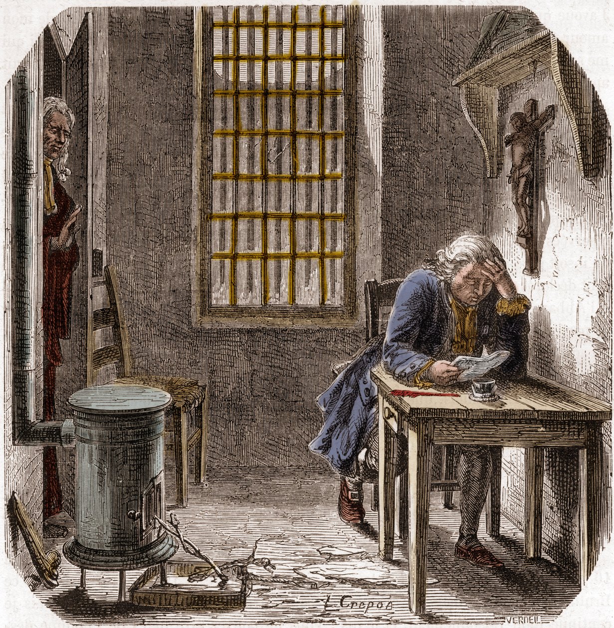 Louis XVI (1754-93) Reading his Last Will and Testament in the Temple 1792 - Louis XVI reading his will in the tower of the Temple on 25 December 1792 - Engraving in Histoire des Girondins by Alphonse de Lamartine (1790-1869) 1865-1866 - Private collection by Anonymous Anonymous