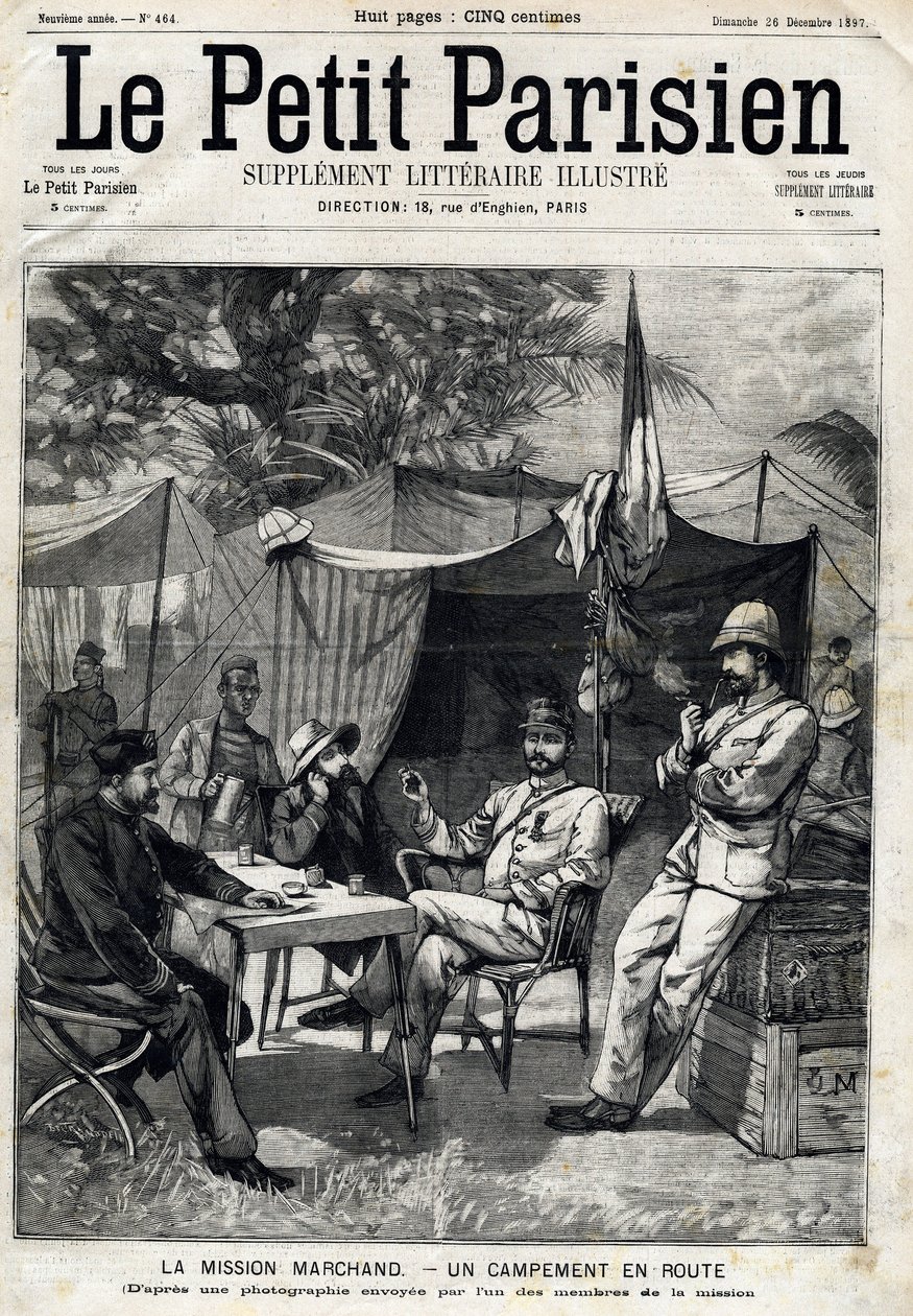 Marchand Mission Camp: Jean-Baptiste Marchand (1863-1934), Captain Baratier on his left and Lieutenant Victor Emmanuel Largeau (1867-1916) and Captain Germain on his right. In Le Petit Parisien on 26/12/1897 by Anonymous Anonymous