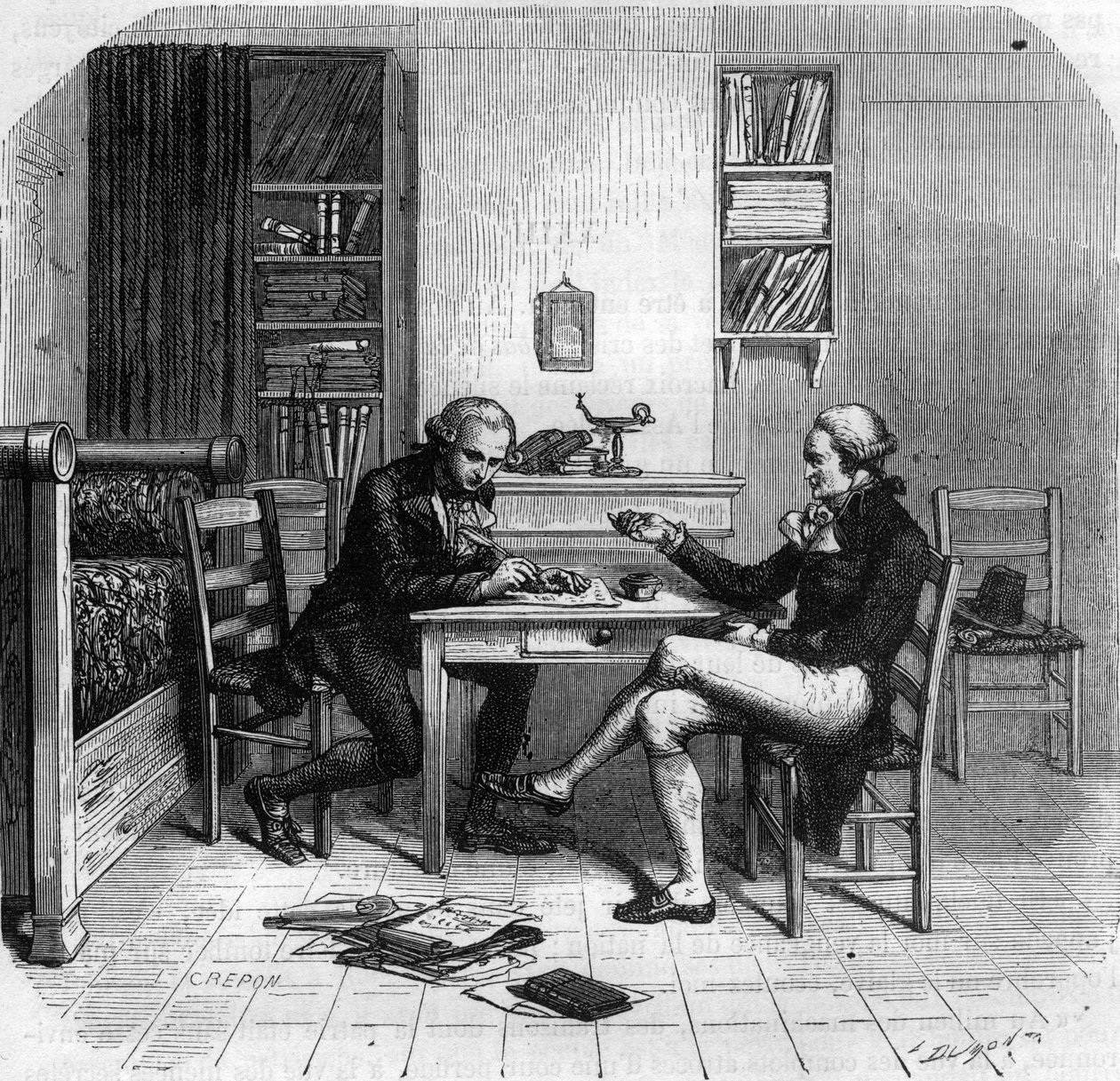 Maximilien de Robespierre 1758-1794, French politician, Member of the Committee of Public Safety with Maurice Duplay in his room - Engraving in 