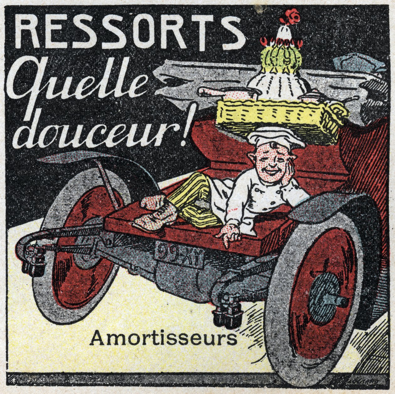 Mechanical traction: shock springs of an automobile. Anonymous illustration from 1925. Private collection. by Anonymous Anonymous