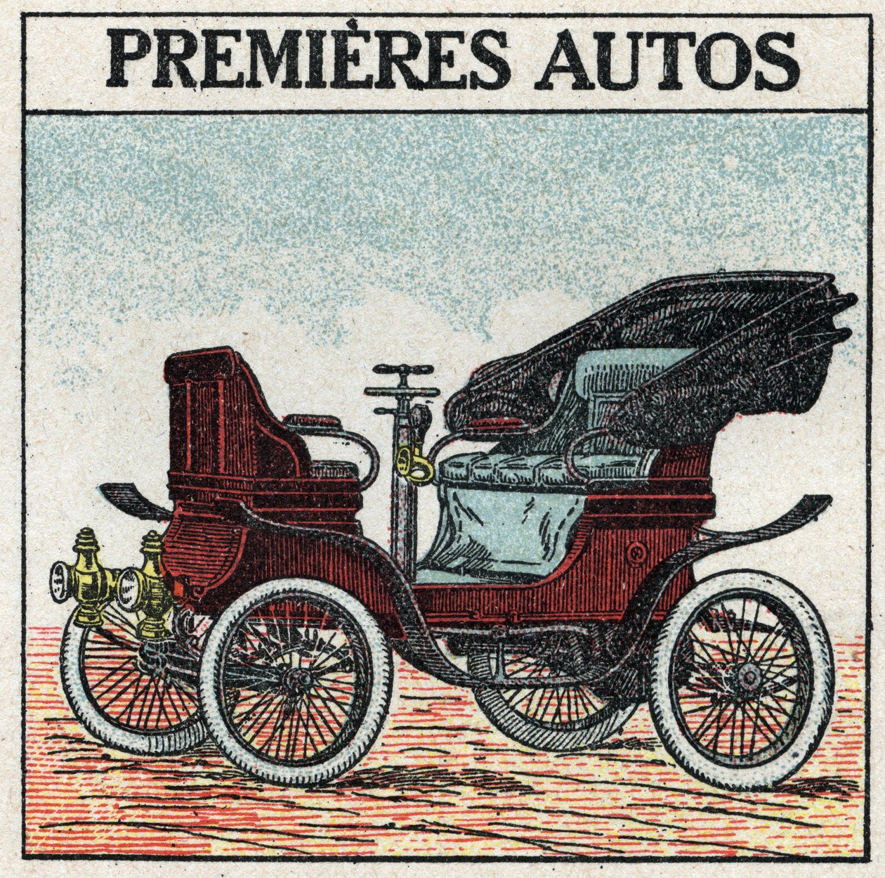 Mechanical traction: the first petrol cars invented in 1895 by Panhard and Levassor. Anonymous illustration from 1925. Private collection. by Anonymous Anonymous
