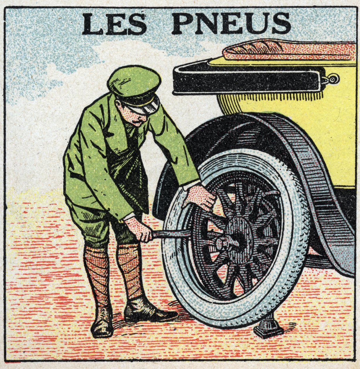 Mechanical traction: the tires of an automobile. Anonymous illustration from 1925. Private collection. by Anonymous Anonymous