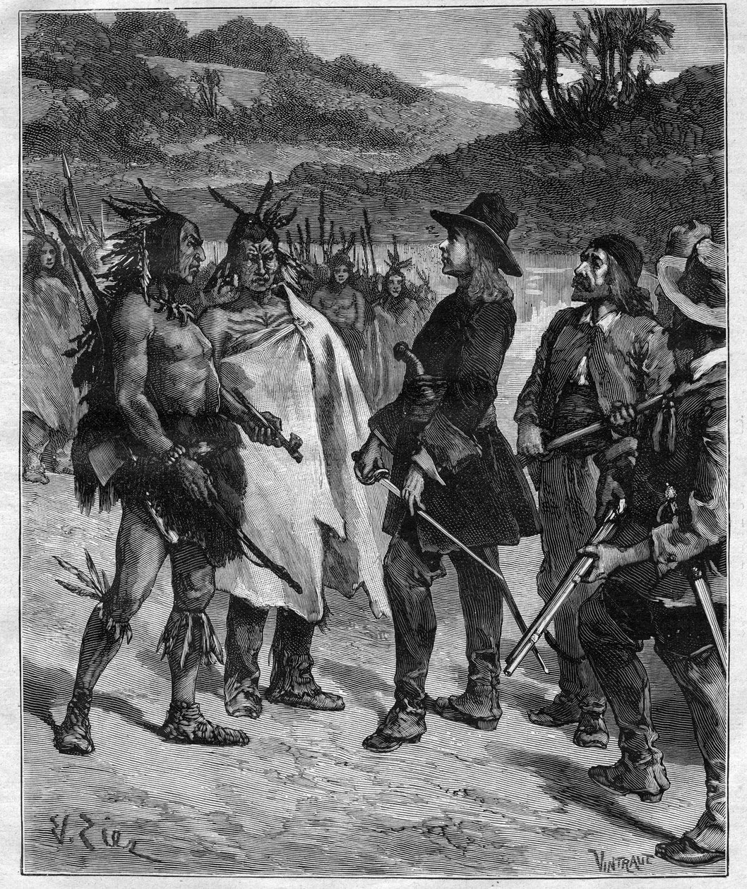 Meeting of Robert Cavelier de La Salle with the Indians of America near Lake Peoria (engraving) by Anonymous Anonymous