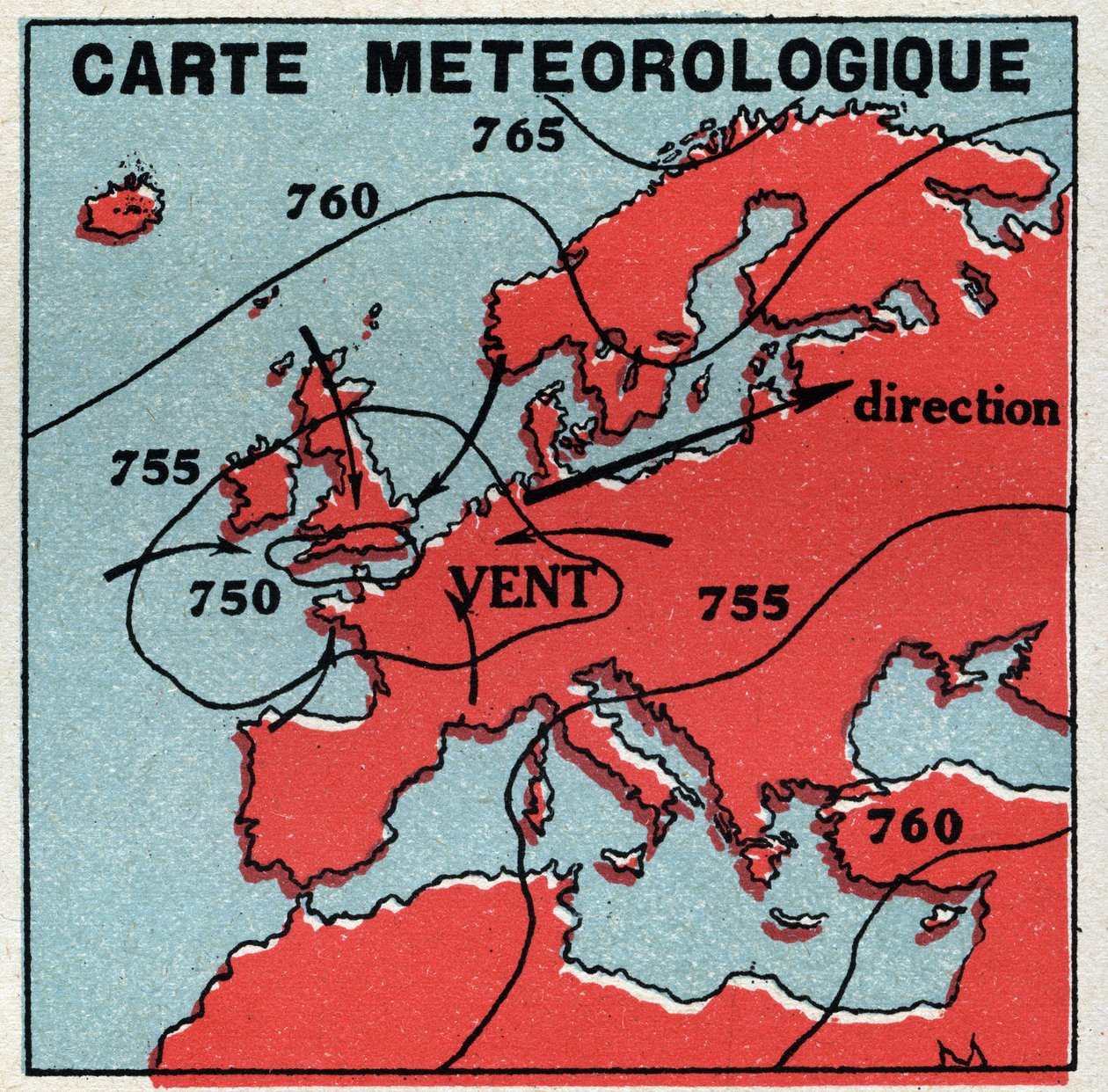 Meteorology: meteorological map. Anonymous illustration of 1925. Private collection. by Anonymous Anonymous
