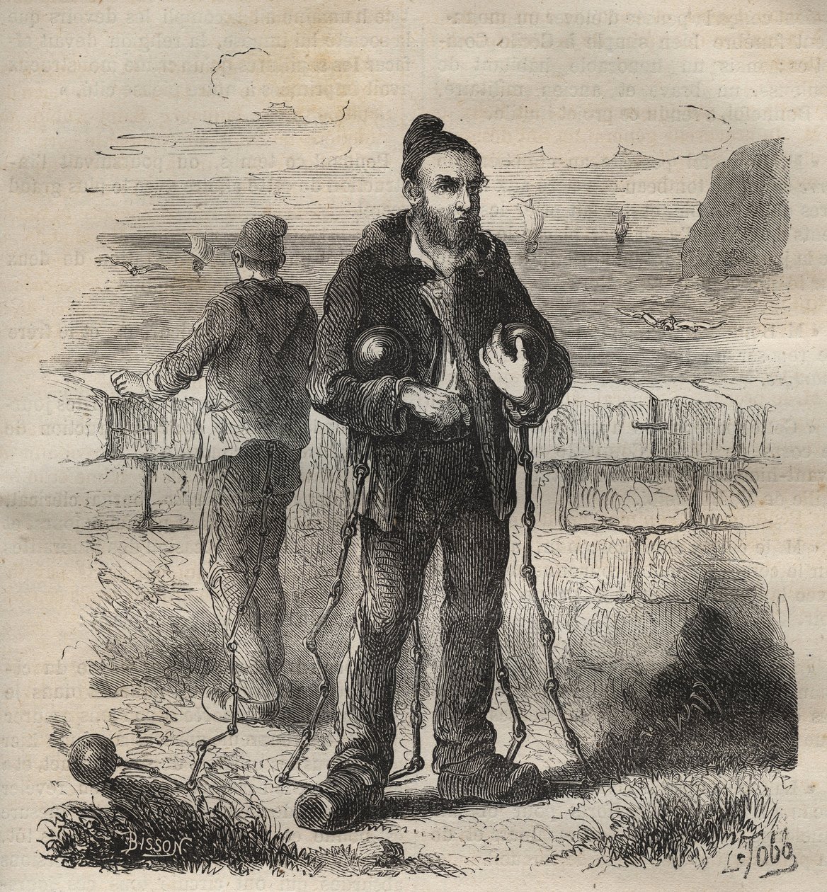 Military condemned to the bagne of Toulon in the 19th century. Engraving in 