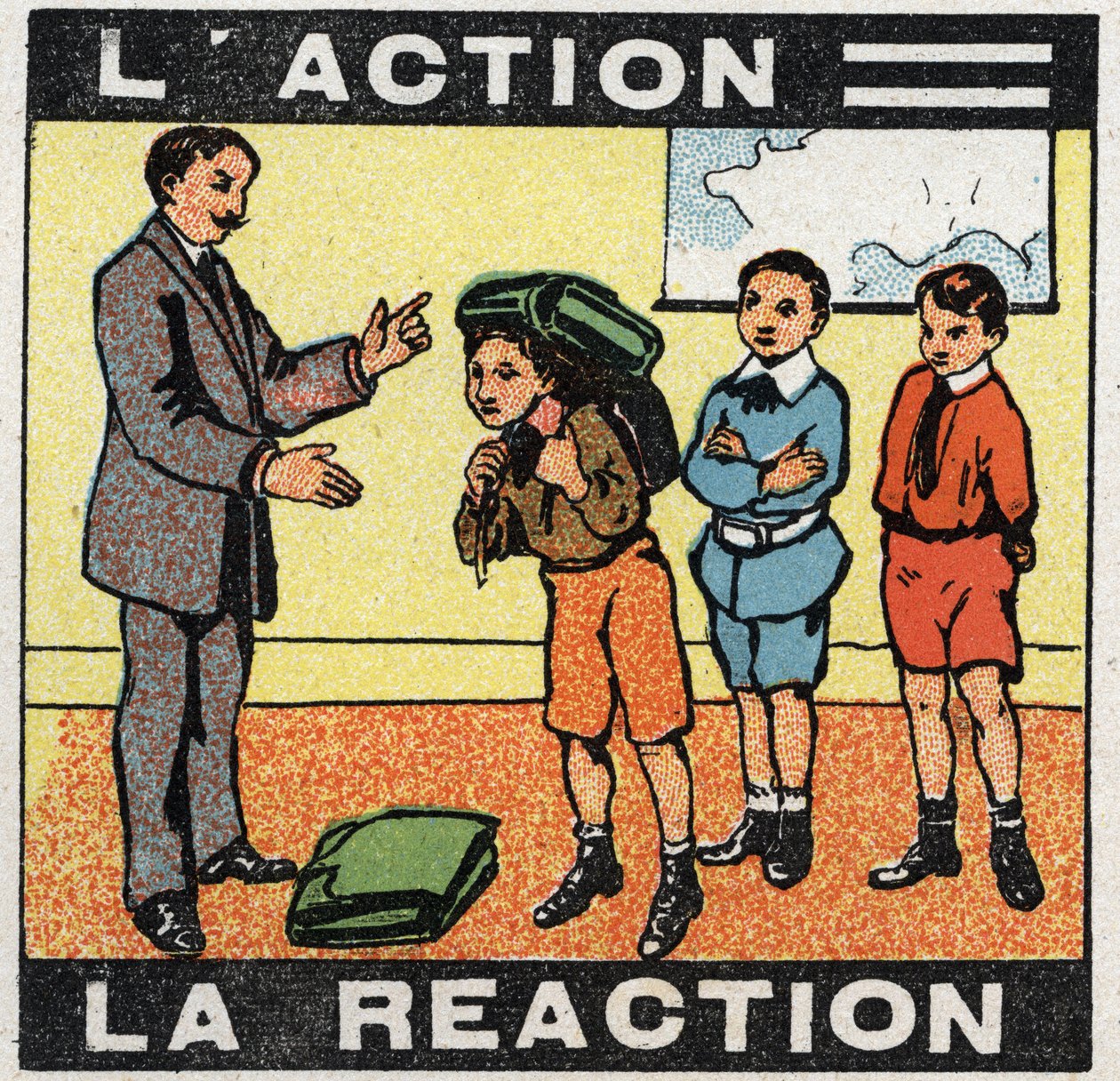Movements: action, reaction. A boy wearing his bag. Anonymous illustration from 1925. Private collection. by Anonymous Anonymous