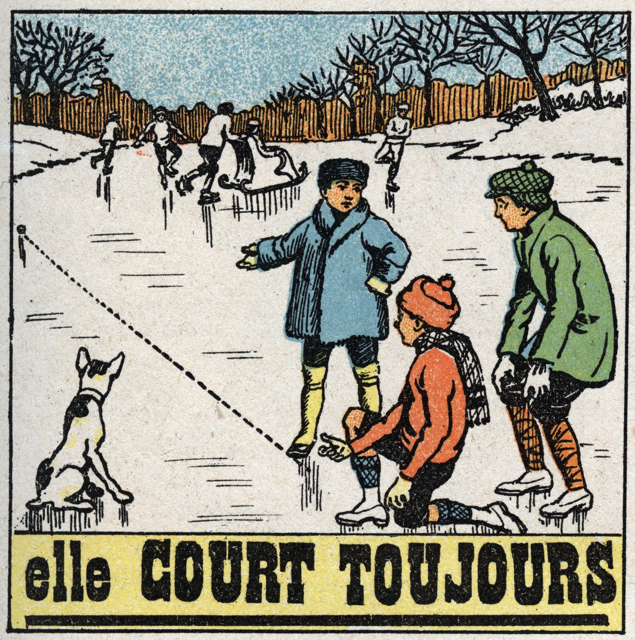 Movements: children playing balls on the frozen ice of a pond in winter. Anonymous illustration from 1925. Private collection. by Anonymous Anonymous