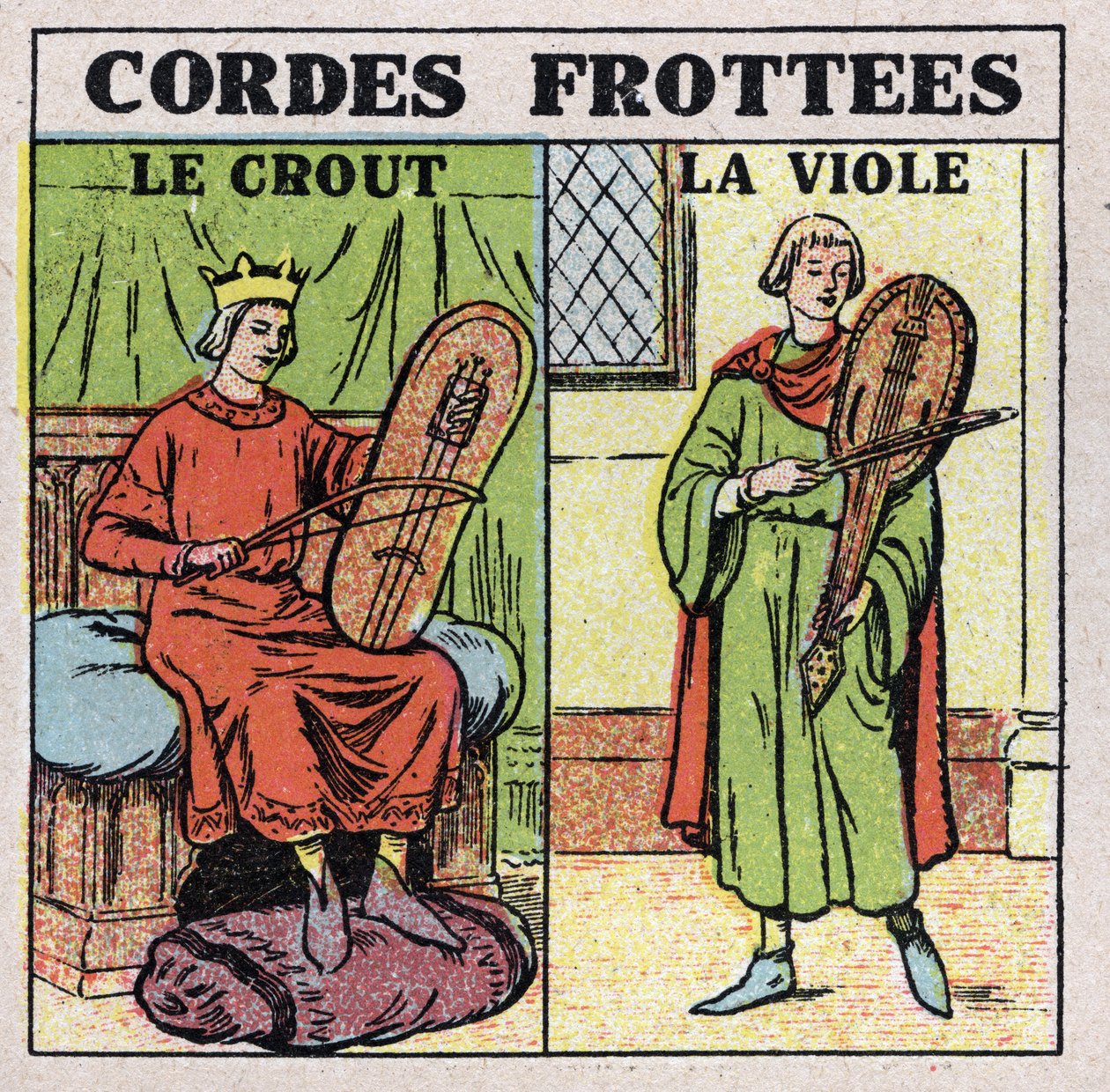 Musical instruments: rubbed string instruments. Players of crout and ...