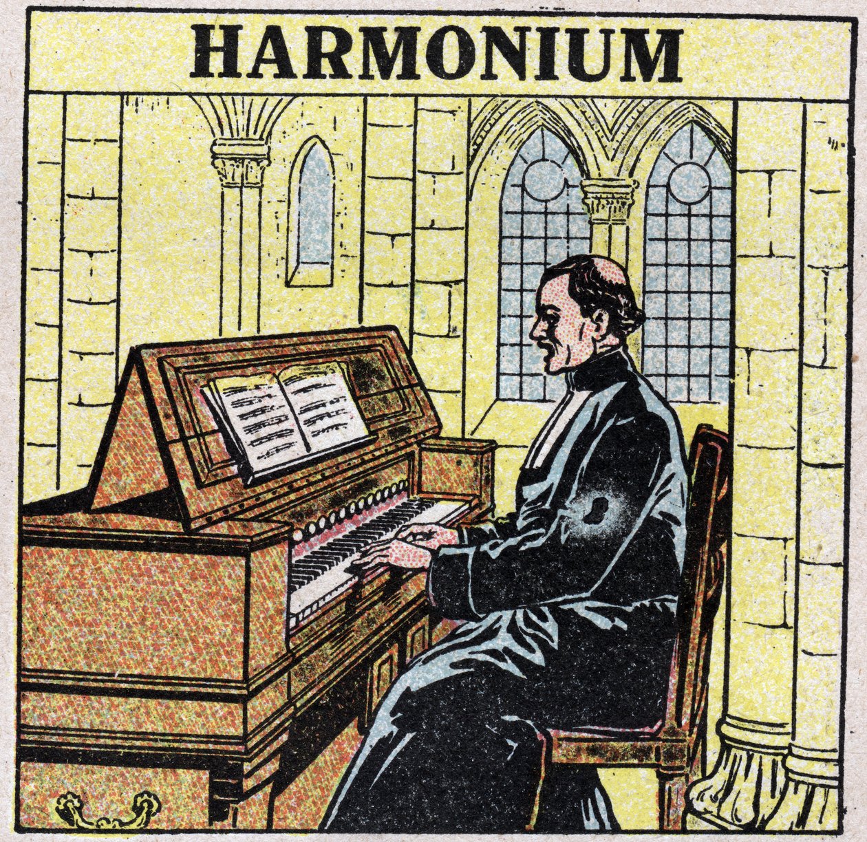 Musical instruments: wind instruments at hip. Harmonium player in a church. Anonymous illustration from 1925. Private collection. by Anonymous Anonymous