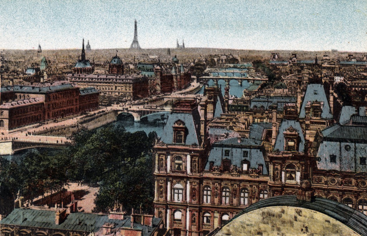 Paris: panorama of the Eight Bridges on the Seine with the Eiffel Tower in the background. Photograph of 1920 in Artistic Album of the city of Paris. Private collection. by Anonymous Anonymous