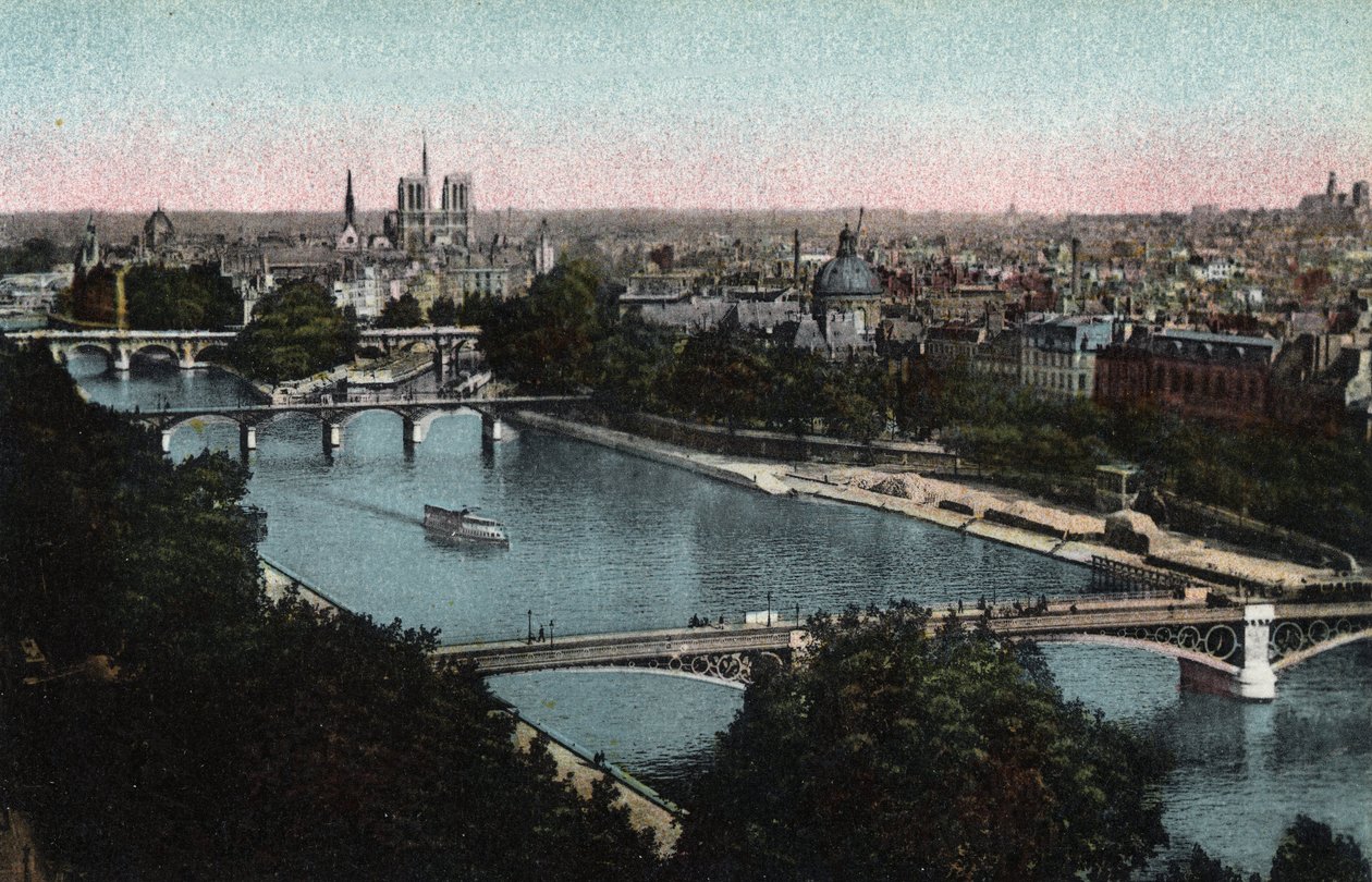 Paris: Panorama of the Seine Towards the Cathedral Notre Dame (Notre-Dame) and the Ile de la Cite. Photograph of 1920 in 
