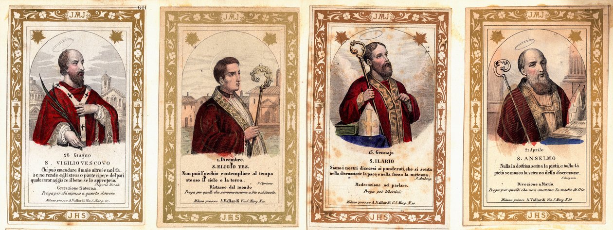 Pious image: The Bishop of Saint Vigil of Trento, the Bishop of Saint Eloi of Noyon, Saint Hilaire and Saint Anselme. Card. 19th century Private Collection by Anonymous Anonymous