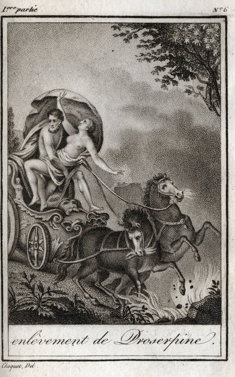 Pluto (Hades) takes Persephone (Proserpine) in front of her mother, Ceres (Demeter), and takes her to the kingdom of the Underworld. Pluto carries off Persephone to his kingdom, the underworld, in Greek mythology. Engraving from 1819 in Lettres a Emilie s by Anonymous Anonymous