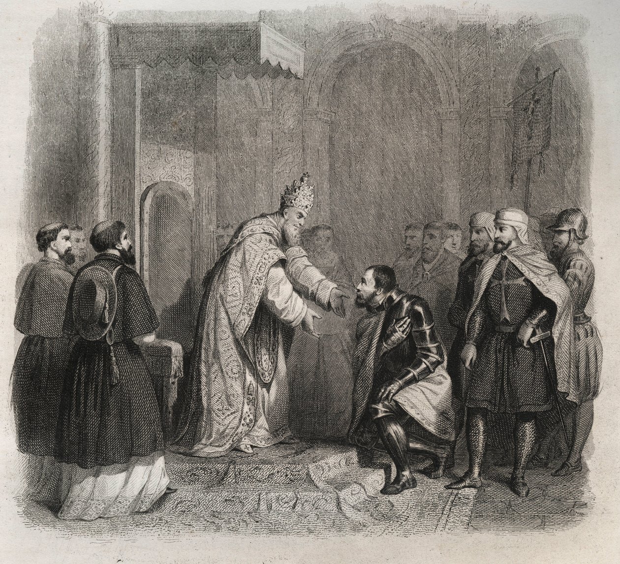 Pope St. Pius V receiving the winner of the Battle of Lepanto - Engraving from 1846 in 