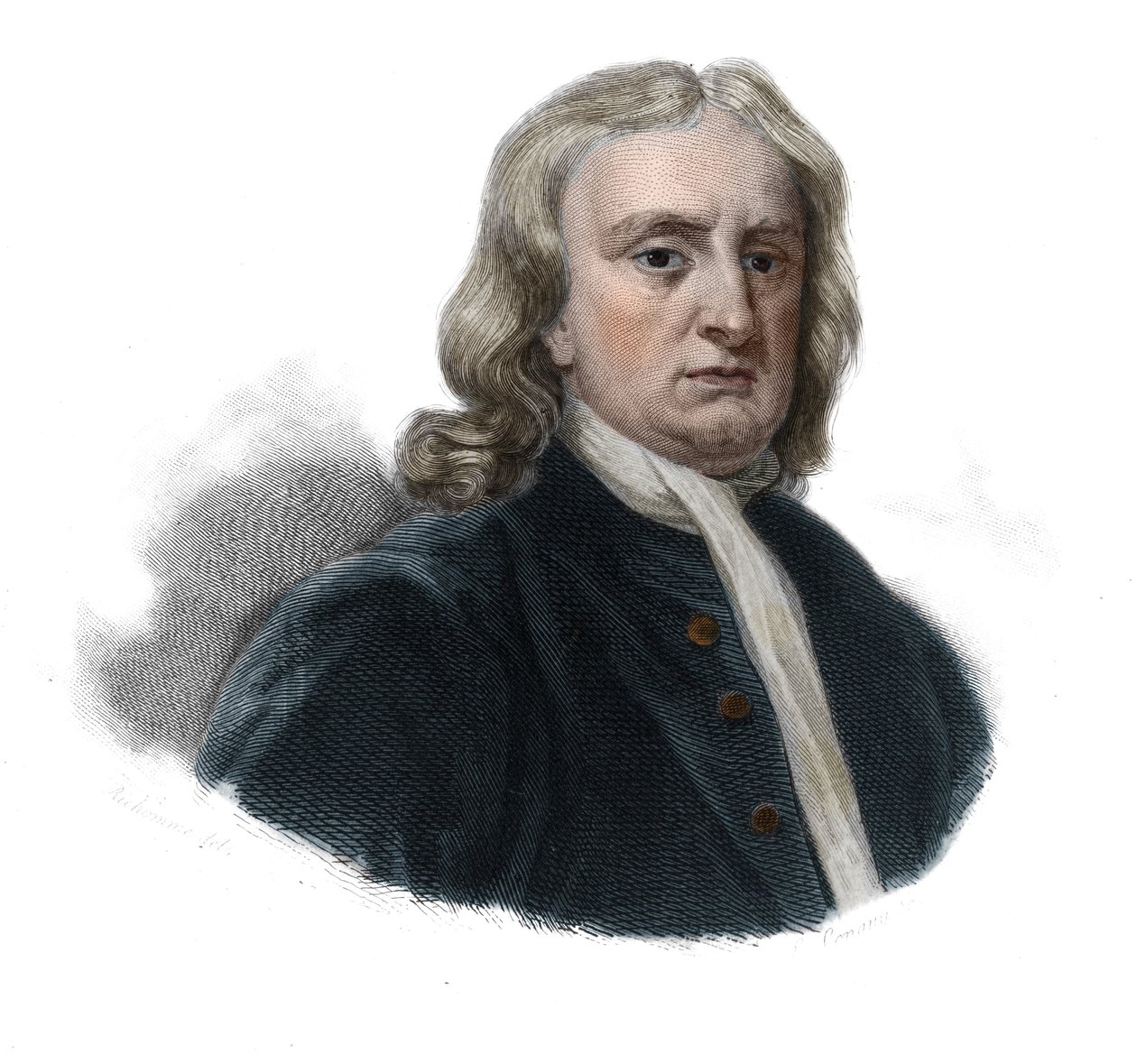 Portrait of Isaac Newton, philosopher and mathematician in Portraits et histoire des hommes utile: hommes et femmes de tous pays et de tous conditions, qui acquis des droits à la recognition des hommes published and propagated by the Societe. by Anonymous Anonymous