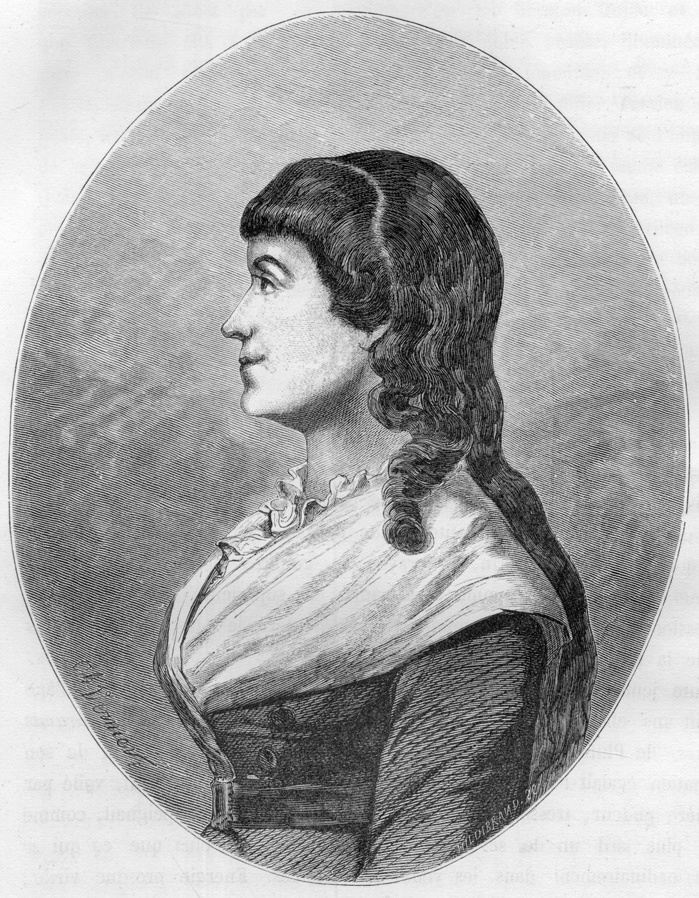 Portrait of Manon Roland, dit Madame Roland (1754-1793), nee Jeanne-Marie Philippon, wife of Roland de La Platiere - Engraving of 1863 in Le Livre Rouge - Histoire De L
