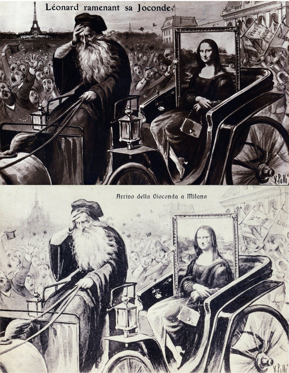 Representation of Leonardo da Vinci bringing back his work The Mona Lisa after the theft by Vincenzo Peruggia on 21/08/1911. Comedy postcard by Anonymous Anonymous