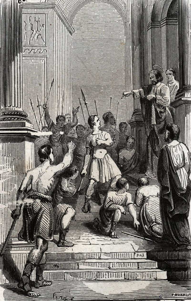 Saturnin of Toulouse (Saint Sernin, first Christian bishop of Toulouse) halted at the capitol of Toulouse - Engraving of 1846 in 