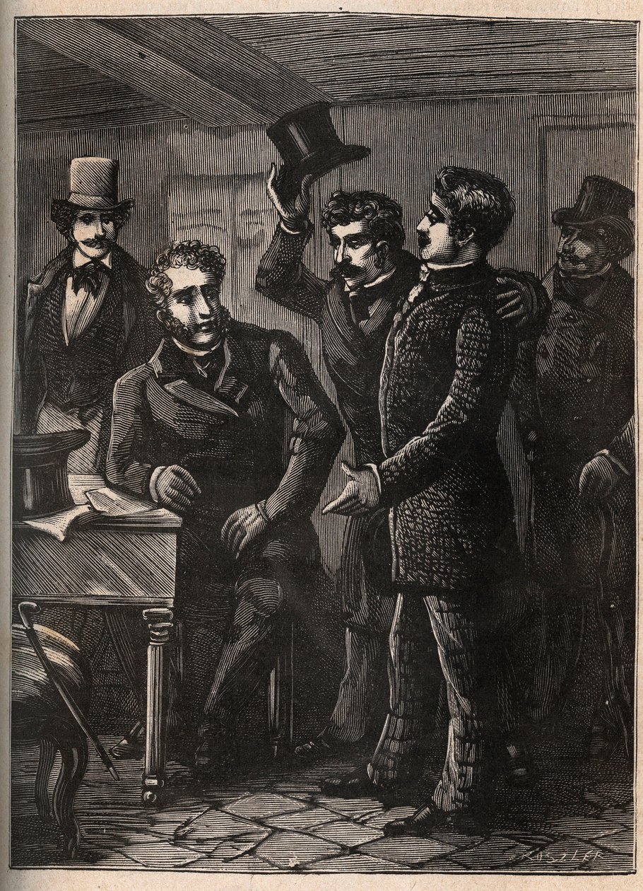 Sergeant Charles Goubin (1798-1822) is being arrested by Eugene-Francois Vidocq - engraving in 