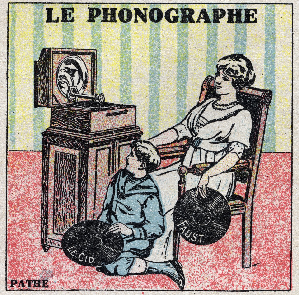 Sound energy: the phonograph. A mother and her son listen to a record on a Pathe phonograph. Anonymous illustration from 1925. Private collection. by Anonymous Anonymous
