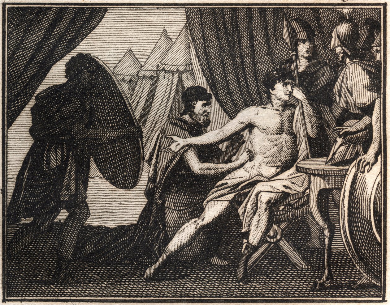 The Death of Epaminondas (after the battle against the Spartans at Mantineia 362 BC.). Engraving from 