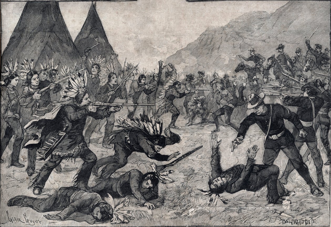 The Indian revolt in the United States: a fight between Sioux Indians and American troops. Engraving in 