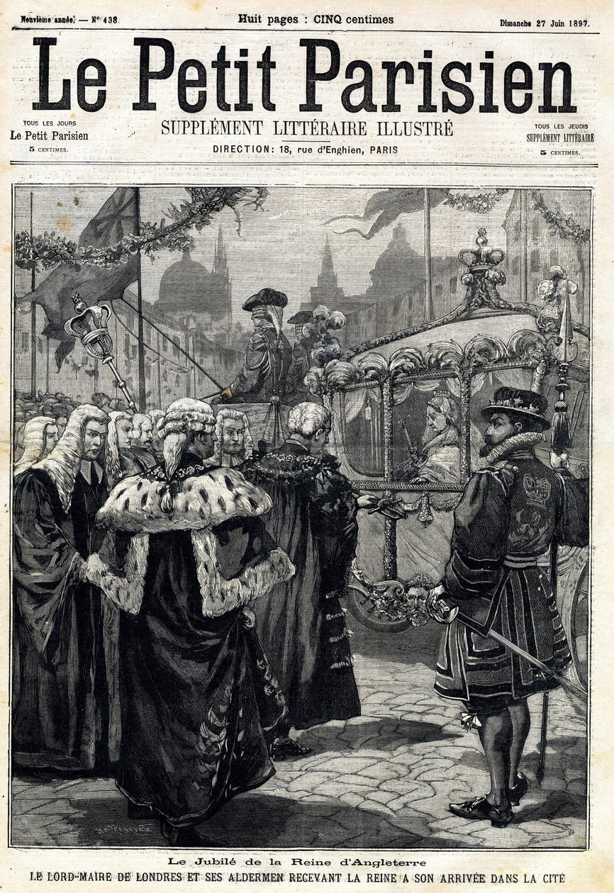 The Jubilee of the Queen of England Victoria: the Lord Mayor of London Horatio Davies (1819-1901) and his aldermen receiving the Queen arriving in the city. In Le Petit Parisien on 27/06/1897 by Anonymous Anonymous