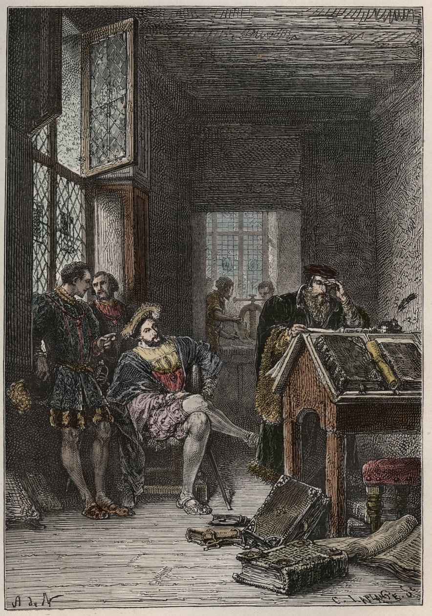 The King of France Francois I, protector of arts and letters, visiting the workshops of the printers Estienne, circa 1540 by Anonymous Anonymous