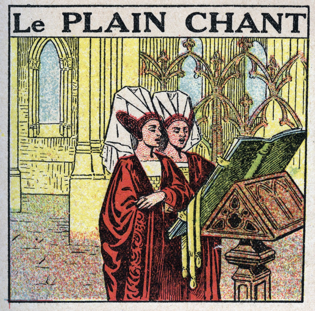 The art of sounds: the plain song of the Middle Ages. Anonymous illustration of 1925. Private collection. by Anonymous Anonymous