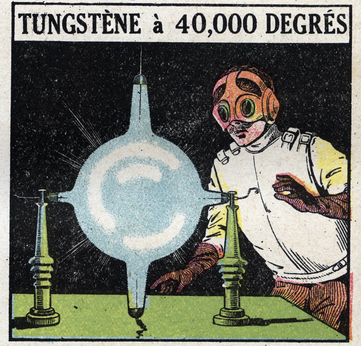 The atom and science: attempt to dissolve tungsten by volatilizing a fine wire of this metal to 40,000 degrees. Anonymous illustration from 1925. Private collection. by Anonymous Anonymous