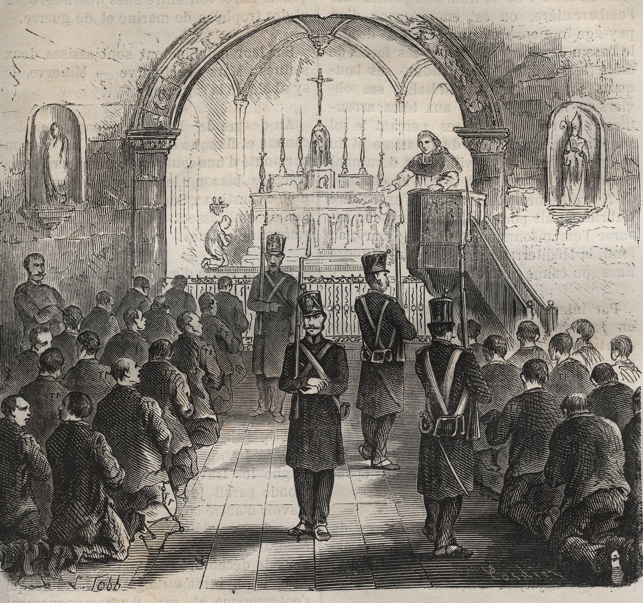 The chapel of the Toulon bagne in the 19th century. Engraving in 