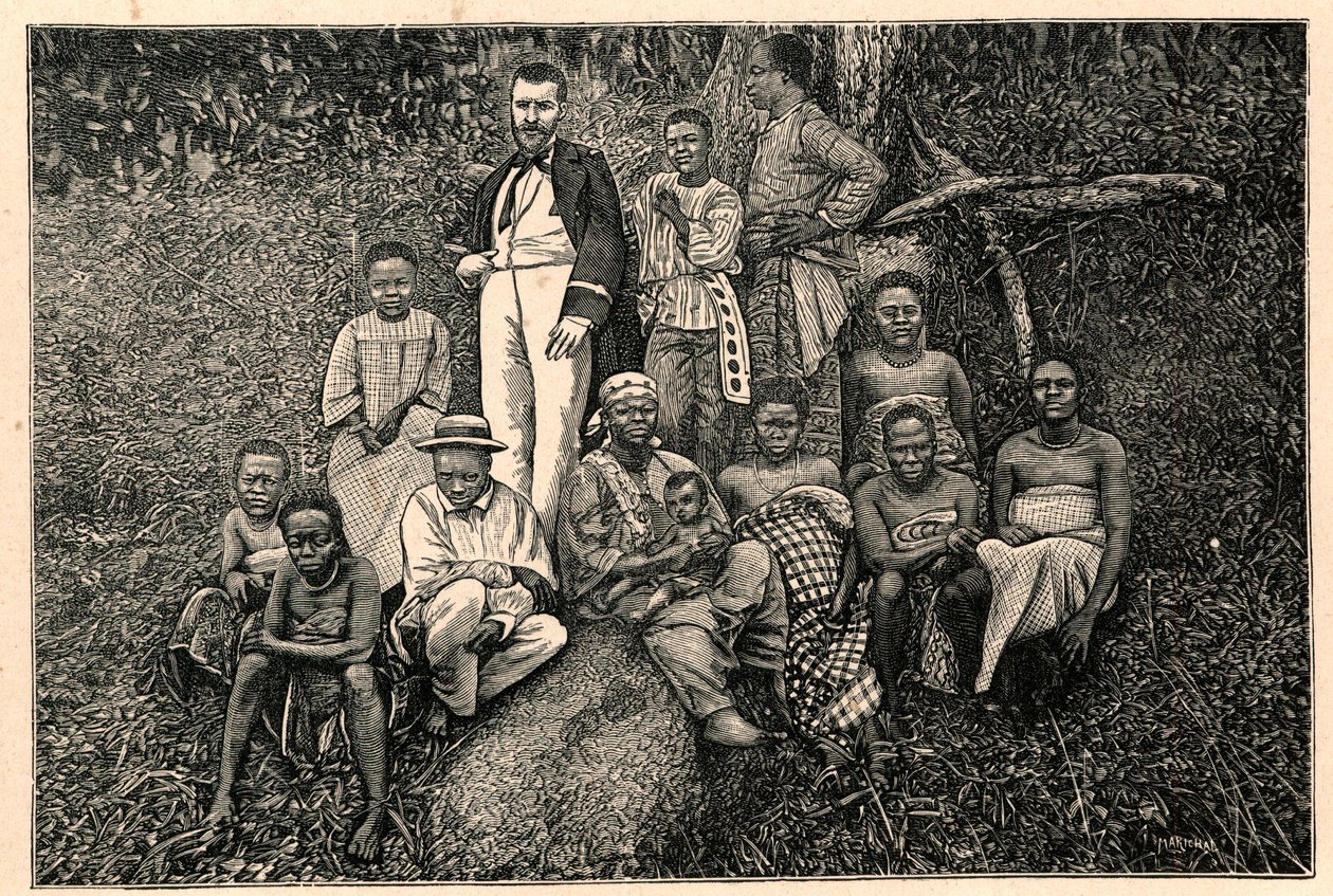The explorer Pierre Savorgnan de Brazza (1852-1905) and a group of indigenous people from the Apostolic Vicariate of the Two Guineas in Gabon. Engraving in 