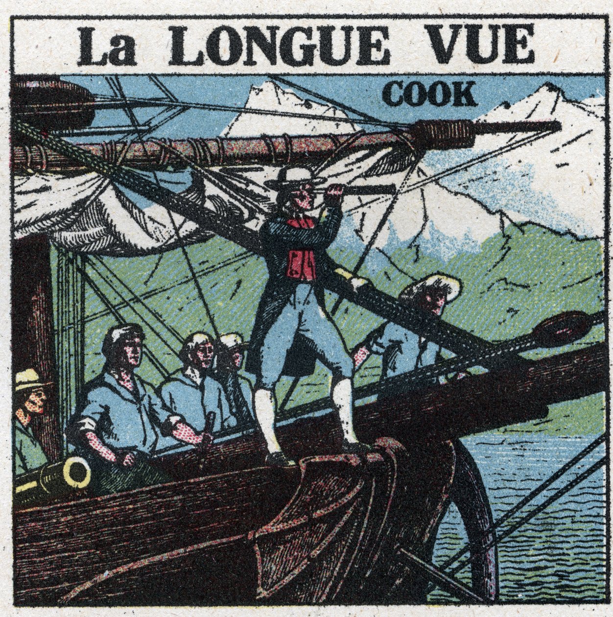 The first optical instruments: Captain James Cook at the bow of his boat, observes the southern lands at long sight. Anonymous illustration from 1925. Private collection. by Anonymous Anonymous