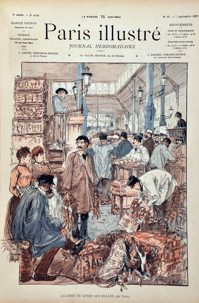 The game criee at the Halles de Paris in 1887. Illustration by Hermann Vogel (1856-1918). Engraving from 1887 in 