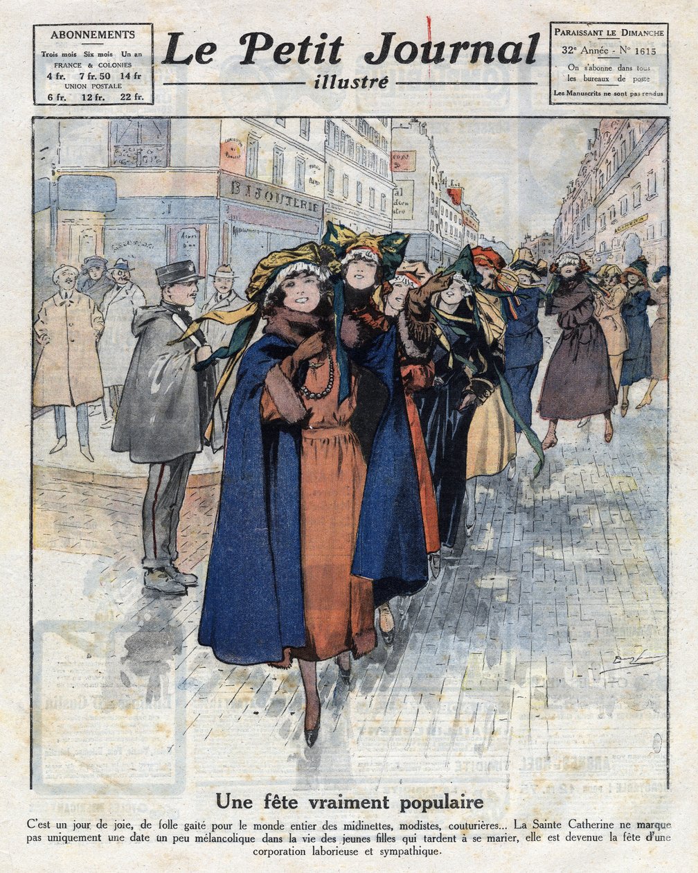 The journey of catherinettes, young celibatarian girls wearing traditional hats, in the streets of Paris. Illustration taken from 