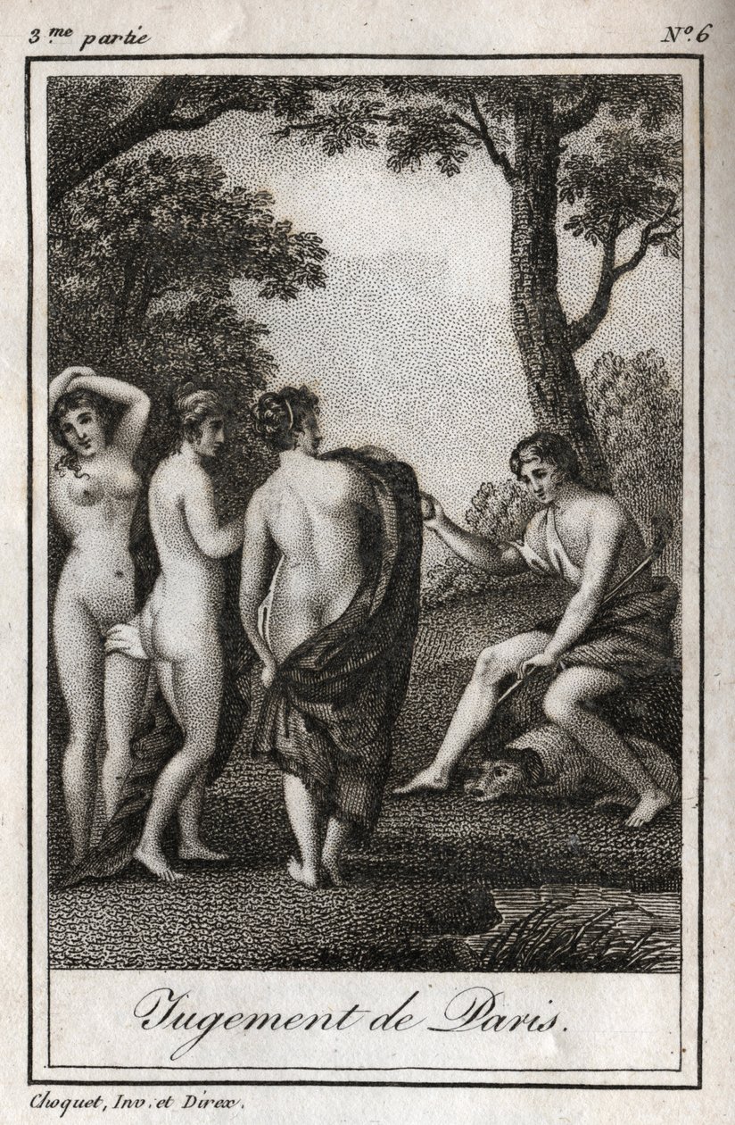The judgment of Paris. The shepherd Paris must choose who he will give the golden apple to designate the most beautiful of the three goddesses, Athena, Aphrodite or Hera. Engraving from 1819 in Lettres a Emilie sur la mythologie by Charles Albert Demoustie by Anonymous Anonymous