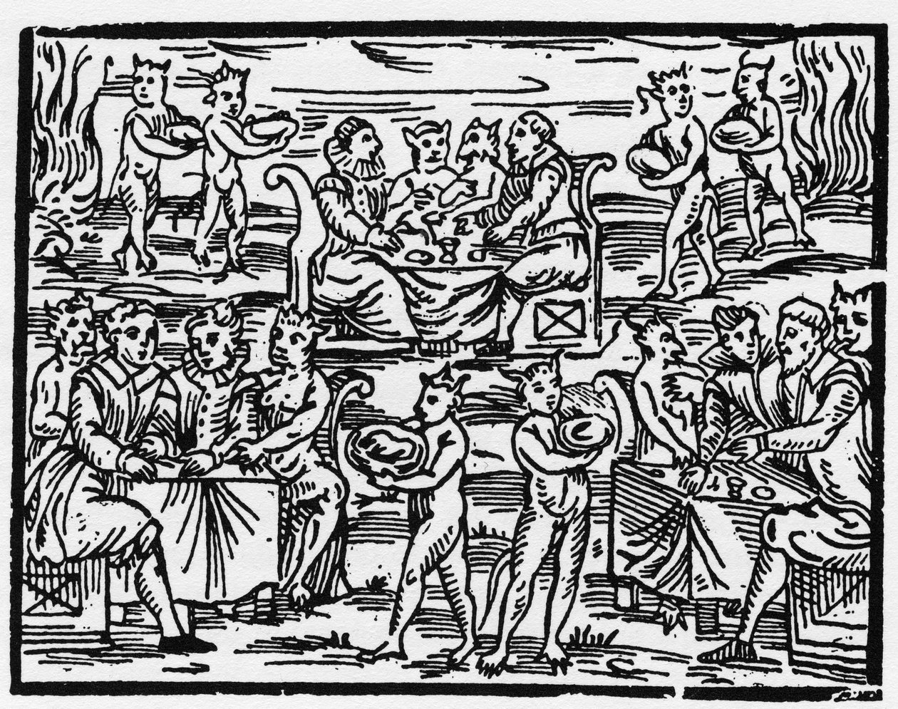 The meal of the witches on the Sabbath - Compendium Maleficarum, deals with the witches, their evil and their sortileges by Francesco Maria Guazzo or Guaccio or Guaccius (15?? -16??) 1608 Private Collection. by Anonymous Anonymous